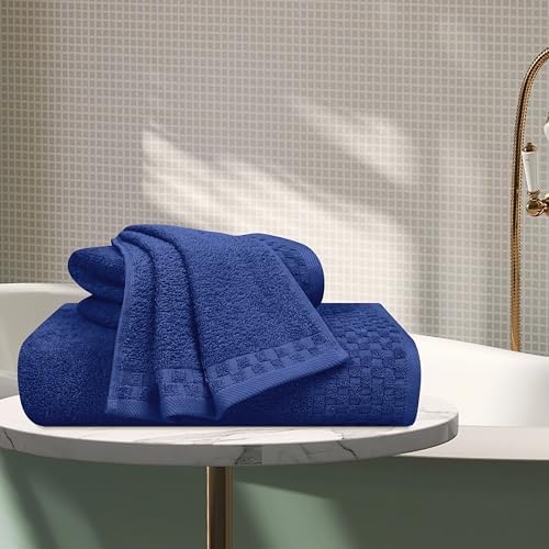 MyOwn Ultra Soft 3 Pack Cotton Towel Set, Contains a Bath Towels 28x55 inch, a Hand Towels 16x24 inch & a Wash Coths 12x12 inch, Ideal Everyday use, Compact & Lightweight - Navy Blue