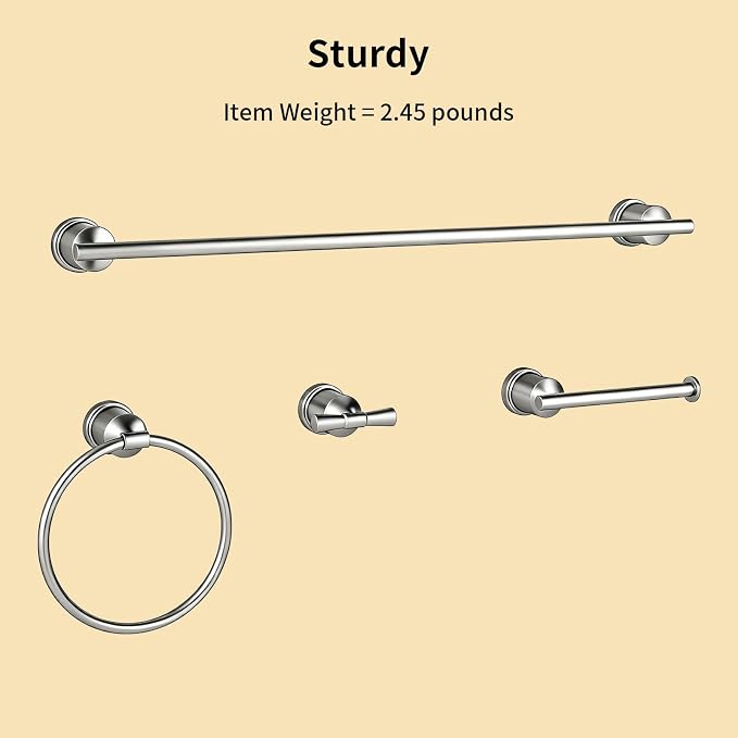 Brushed Stainless Steel Bathroom Hardware Set, 4-Pieces Wall Mounted Bath Accessories Kit with Towel Bar, Towel Ring, Toilet Paper Holder & Robe Hooks, Modern Durable Design