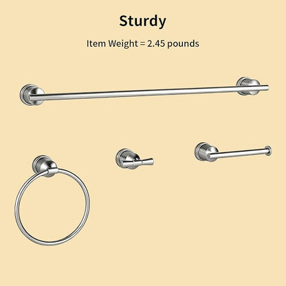 Brushed Stainless Steel Bathroom Hardware Set, 4-Pieces Wall Mounted Bath Accessories Kit with Towel Bar, Towel Ring, Toilet Paper Holder & Robe Hooks, Modern Durable Design