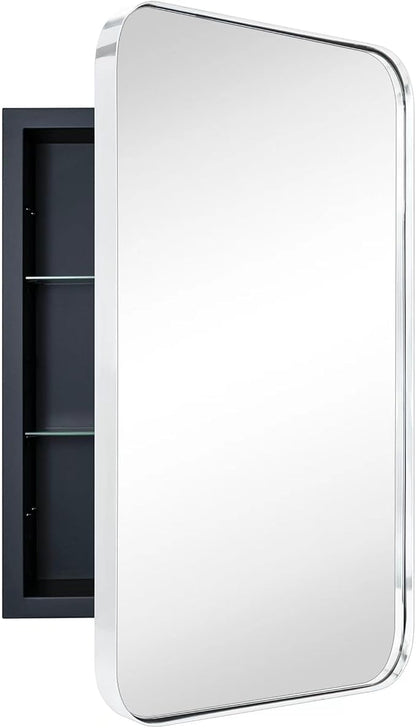 Chrome Rectangle Recessed Bathroom Medicine Cabinet with Mirror Stainless Steel Metal Framed Rounded Rectangular Bathroom Cabinet with Mirror 16x24''