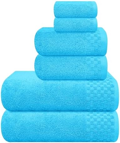 MyOwn Premium Cotton 6 Pack Towel Set for Bathroom, Contains 2 Bath Towels 28x55 inch, 2 Hand Towels 16x24 inch & 2 Wash Coths 12x12 inch, Ideal Everyday use, Compact & Lightweight - Turquoise Blue