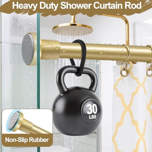 YNL Gold Shower Curtain Rod 32-80 Inch(2.7-6.6ft), Non Slip, Never Rust, No Drill Stainless Steel Spring Tension Shower Rod, Adjustable Tension Rod for Bathroom (Pack of 2)