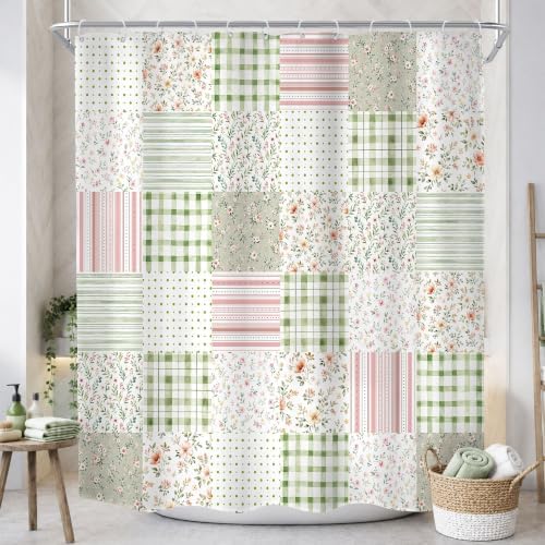 MESHELLY Boho Floral Patchwork Shower Curtain 60Wx72H Vintage Checkered Sage Green Plaid Pink Striped Country Gingham Bathroom Curtain Farmhouse Bath Curtain Bathroom Accessories Decor with 12 Hooks