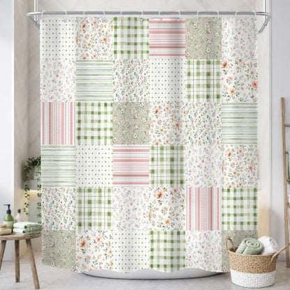 MESHELLY Boho Floral Patchwork Shower Curtain 60Wx72H Vintage Checkered Sage Green Plaid Pink Striped Country Gingham Bathroom Curtain Farmhouse Bath Curtain Bathroom Accessories Decor with 12 Hooks
