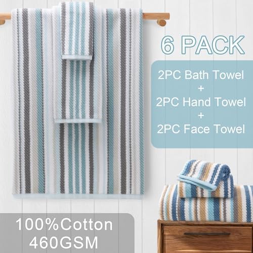 VOOVA & MOVAS Striped Towels 6 Pack, 100% Cotton, Aqua
