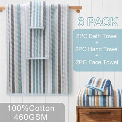VOOVA & MOVAS Striped Towels 6 Pack, 100% Cotton, Aqua