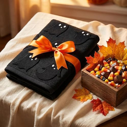 2 Pack Halloween Hand Towels 100% Cotton Jacquard Ghost Halloween Kitchen Towels White Bathroom Towels Set Seasonal Bathroom Decor (Black Ghost, Halloween)