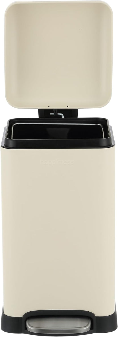 happimess Betty Retro Mini 3.2 Gal Step Trash Can, Limestone Beige | Soft-Close Lid, Removable Liner, Iron, Hands-Free Pedal, Satin Finish, Non-Skid Base, Built-In Damper, Modern, Minimalistic