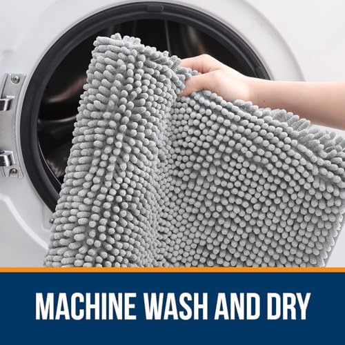 OLANLY Chenille Bathroom Rugs Mats Set 2 Piece, 47"x20"+30"x20", Light Grey