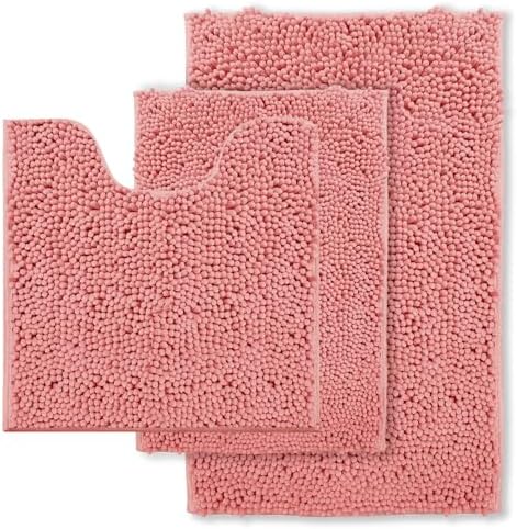 Bathroom Rugs Chenille Bath Mat Set 3-Piece Bath Rugs for Bathoom Extra Soft Bath Mats for Bathoom Non Slip Absorbent Shag Bthroom Carpet, Machine Washable, Toilet Rug Pink