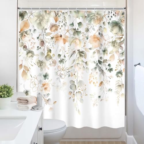 Green Yellow Floral Summer Watercolor Sage Bathroom Shower Curtain Set