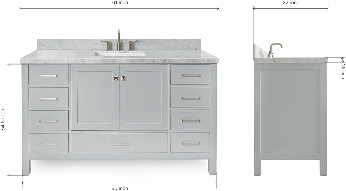 Beckford 60 Inch Bathroom Vanity Single Sink — Grey Bathroom Vanity with Sink, 1.5" Edge Italian Carrara Marble Countertop & Backsplash, 2 Soft-Close Doors, 9 Dovetail Drawers