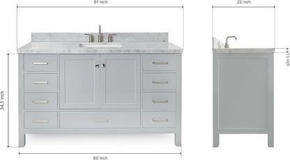 Beckford 60 Inch Bathroom Vanity Single Sink — Grey Bathroom Vanity with Sink, 1.5" Edge Italian Carrara Marble Countertop & Backsplash, 2 Soft-Close Doors, 9 Dovetail Drawers