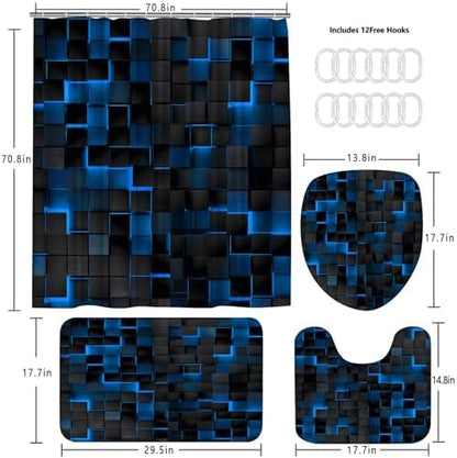 LQCOOL 4Pcs Shower Curtain Set with Rugs, Modern Bathroom Set Black Blue
