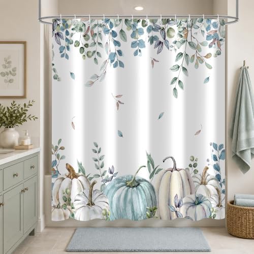 Blue Pumpkin Shower Curtain, 60 x 72 Inch Watercolor White Pumpkin Eucalyptus Bathroom Curtain, Fall Farmhouse Bath Curtain for Tub Shower Decor, Multiple Sizes