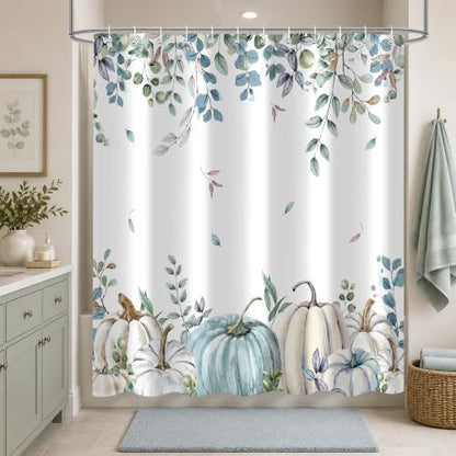 Blue Pumpkin Shower Curtain, 72 x 78 Inch Watercolor White Pumpkin Eucalyptus Bathroom Curtain, Fall Farmhouse Bath Curtain for Tub Shower Decor, Multiple Sizes