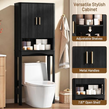 Vabches Farmhouse Over the Toilet Storage Cabinet with 2 Fluted Doors,Black