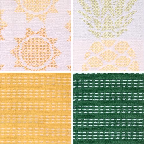 Ritz 4-Piece Kitchen Towel Set, Jacquard Pineapple & Sun Toss Prints with Yellow & Pine Green Textured Terry, Highly Absorbent Cotton Blend, 16" x 26", Tropical Summer Kitchen Decor