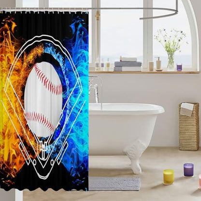 jejeloiu Baseball Bath Curtain Boys Girls 72"x72" Sports Game Shower Curtain for Kids Women Men Waterproof Ice Fire Bathroom Shower Curtain Set White Red Blue Kids Bathroom Accessories