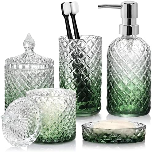 Bathroom Accessories Set, 5Pcs Bathroom Soap Dispenser Set, Glass Bathroom Accessories with Glass Soap Dispenser, Soap Dish, Toothbrush Holder, Tumbler, Cotton Swab Jar (Gradient Clear & Green)