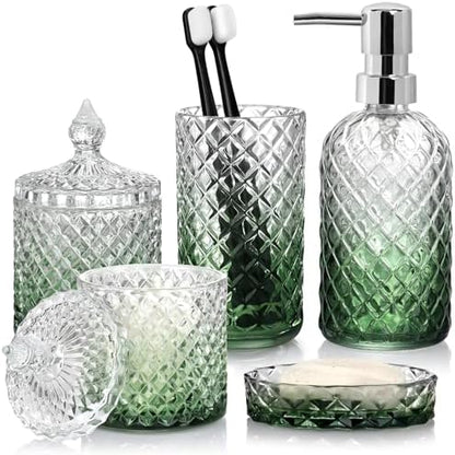 Bathroom Accessories Set, 5Pcs Bathroom Soap Dispenser Set, Glass Bathroom Accessories with Glass Soap Dispenser, Soap Dish, Toothbrush Holder, Tumbler, Cotton Swab Jar (Gradient Clear & Green)