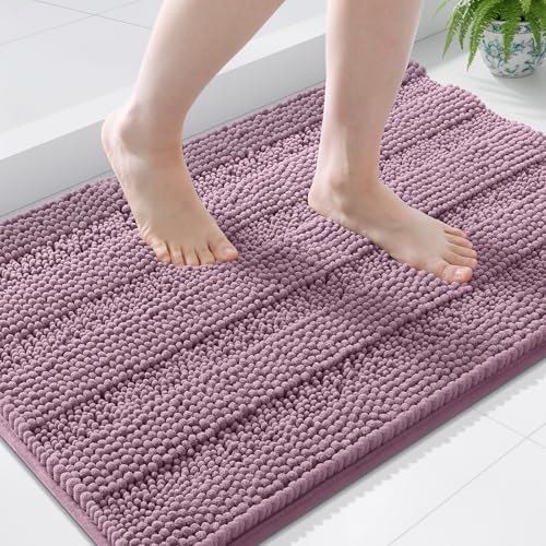 Grandaily Chenille Striped Bathroom Rugs 44x24, Extra Thick and Soft Absorbent Bath Mats, Rubber Backing, Plush Shaggy Shower Carpet, Machine Wash Dry, Bath Rug for Bathroom, Deep Plum