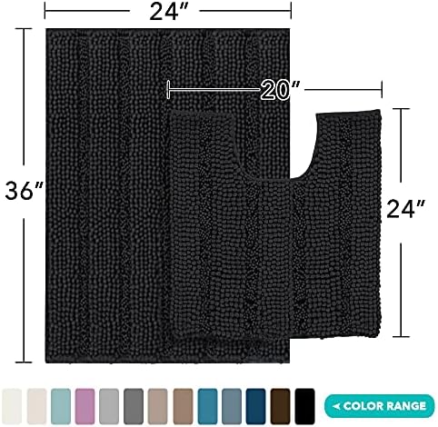 2-Piece Bathroom Rug Set with U-Shaped Mat, Soft Absorbent Chenille, Black
