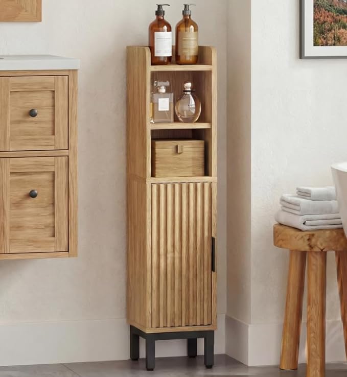 Small Bathroom Storage Cabinet, Corner Narrow Toilet Paper Floor Cabinet with Door and Shelves,Bathroom Organizer with Adjustable Shelf, for Small Spaces (Oak, 4-Tier)