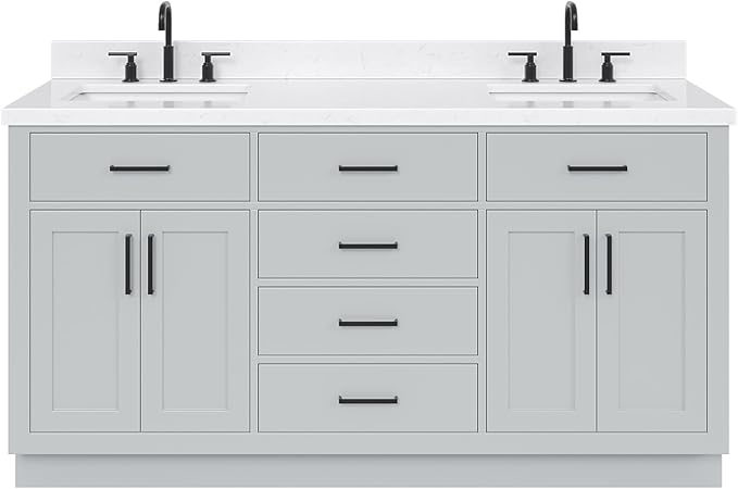 ARIEL Hepburn 66-inch Bathroom Vanity with Sink,Solid Wood, 1.5-inch Carrara White Quartz Countertop & Backsplash, Double Rectangular Porcelain Sink, 4 Soft Closing Doors, 6 Dovetail Drawers, Grey