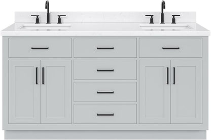 ARIEL Hepburn 66-inch Bathroom Vanity with Sink,Solid Wood, 1.5-inch Carrara White Quartz Countertop & Backsplash, Double Rectangular Porcelain Sink, 4 Soft Closing Doors, 6 Dovetail Drawers, Grey