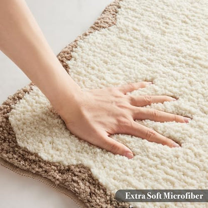 Ohocut Luxury Microfiber Scalloped Runner Rug, Beige Sand Scalloped Piping Long Bathroom Rug Boho Farmhouse Bath Mat for Bathroom, Tub, Sink, Shower, Anti Slip, Extra Soft, Absorbent, 47x24
