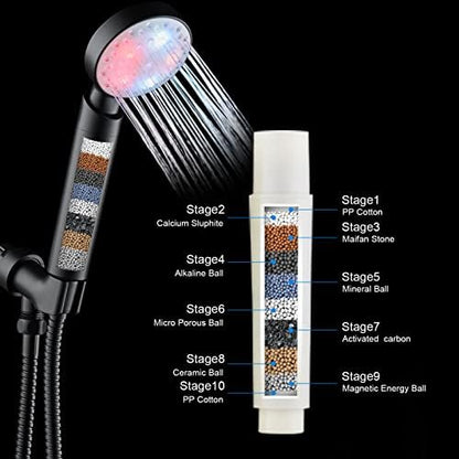 Black Shower Head Filtered Led Showerhead 7 Color Light Change Automatically Filter Filtration Handheld for Dry Skin & Hair