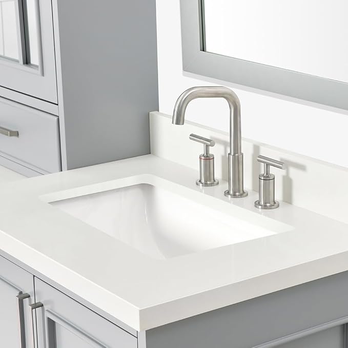 ARIEL Stafford 84-inch Bathroom Vanity with Sink,Solid Wood, 1.5-inch Pure White Quartz Countertop & Backsplash, Double Rectangular Porcelain Sink, 5 Soft Closing Doors, 6 Dovetail Drawers, Grey