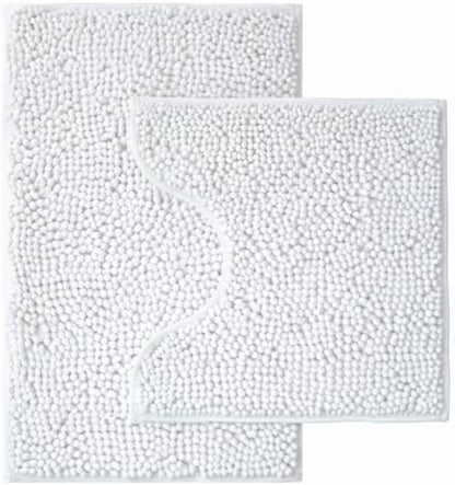 Bathroom Rugs Sets 2 Piece,Super Absorbent Chenille Bath Mats and U-Shaped Toilet Rug,Strong PVC Non Slip Backing,Microfiber Washable Dry Quickly Bath Mats for Bathroom(20"x32"+20"x20"U,White)