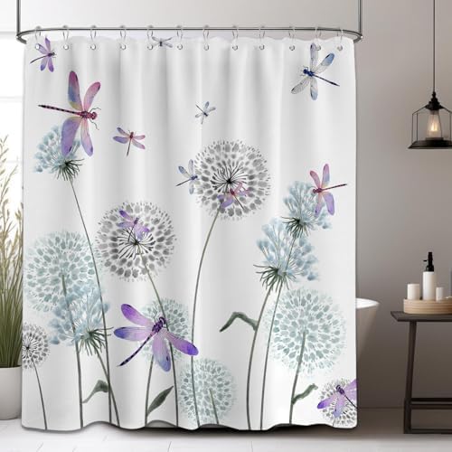 Dandelion Shower Curtain Purple Dragonfly Grey White Shower Curtains for Bathroom Decor, Waterproof Cloth Fabric with Hooks 70" W x 72" L