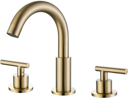 RBROHANT Brushed Gold Widespread Bathroom Faucet 8 Inch Brass Bathroom Faucets for Sink 3 Hole, 2 Handle, 360 Degree Swivel Spout, Deck Mounted, RB0926