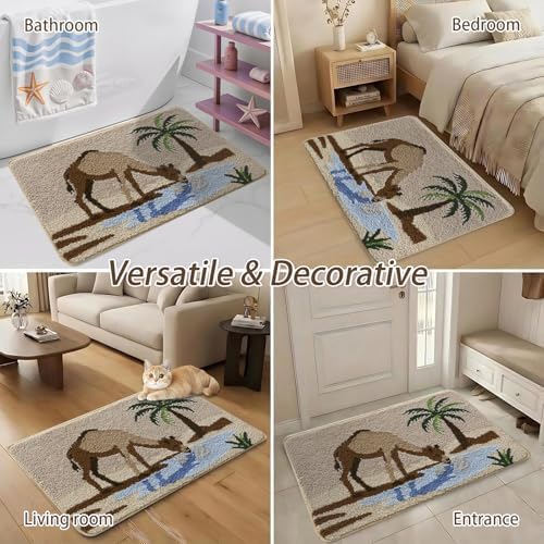 Bathroom Rug Mat, Desert Oasis Sunset Fluffy Rug with Camel & Palm Tree, Ultra Absorbent Microfiber Shaggy Door Mat, Quick Dry Bath Rug Carpet for Toilet Bathtub Bedroom 20x31 Inch