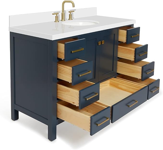 ARIEL Cambridge 48-inch Bathroom Vanity with Sink,Solid Wood, 1.5-inch Pure White Quartz Countertop & Backsplash, Single Oval Porcelain Sink, 2 Soft Closing Doors, 9 Dovetail Drawers, Midnight Blue