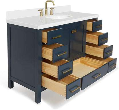 ARIEL Cambridge 48-inch Bathroom Vanity with Sink,Solid Wood, 1.5-inch Pure White Quartz Countertop & Backsplash, Single Oval Porcelain Sink, 2 Soft Closing Doors, 9 Dovetail Drawers, Midnight Blue