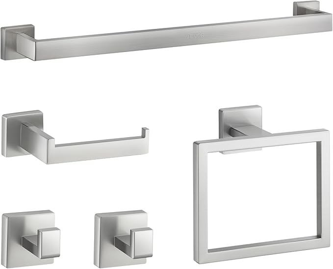 VEVOR Brushed Nickel Bathroom Hardware Set, 5 Pieces Bathroom Accessories Set, Stainless Steel 24 inch Towel Bar, Towel Rack, 2 Robe Towel Hooks, Toilet Paper Holder for Bath Room, Wall Mounted