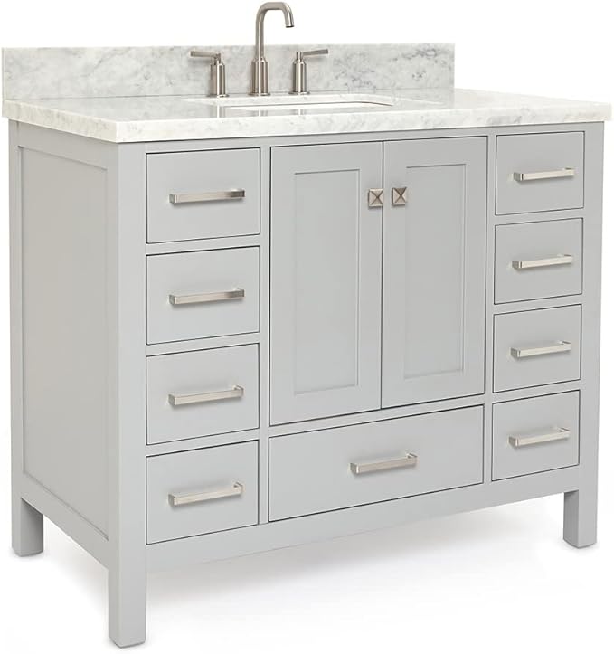 ARIEL Cambridge 42-inch Bathroom Vanity with Sink,Solid Wood, 1.5-inch Italian Carrara Marble Countertop, Single Rectangular Porcelain Sink, 2 Soft Closing Doors, 9 Dovetail Drawers, Grey