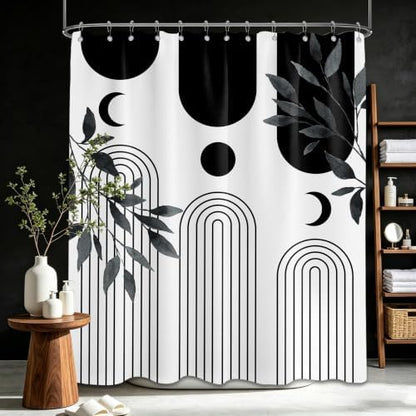 Mid Century Modern White and Black Shower Curtain Bohemian MCM Black and White Shower Curtains for Mens Bathroom Decor, Boho Minimalist Pattern, Waterproof Cloth Fabric with Hooks 70x72 in