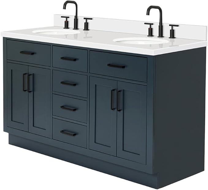 ARIEL Hepburn 60-inch Bathroom Vanity with Sink,Solid Wood, 1.5-inch Pure White Quartz Countertop & Backsplash, Double Oval Porcelain Sink, 4 Soft Closing Doors, 6 Dovetail Drawers, Midnight Blue