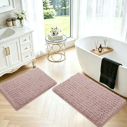 ACCUMTEK Upgrade Luxury 2 Piece Dusty Pink Toilet Bathroom Rug Mat 32"x20"+24"x17", Ultra Soft Thick Absorbent Bath Mats, Non Slip Chenille Toilet Mat for Bathroom, Bedroom, Kitchen, Shower, Tub