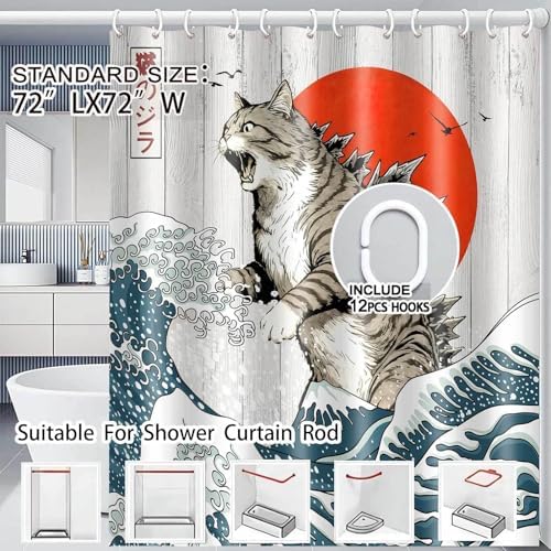 JAWO Funny Cat Shower Curtain, Japanese Ocean Wave Cat Fun Shower Curtain Nautical Kids Children Rustic Wooden Farmhouse Shower Curtains, 47X64inch