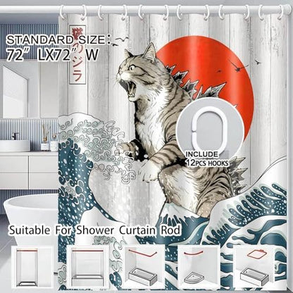 JAWO Funny Cat Shower Curtain, Japanese Ocean Wave Cat Fun Shower Curtain Nautical Kids Children Rustic Wooden Farmhouse Shower Curtains, 47X64inch