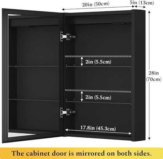 Spliceable Modular LED Lighted Bathroom Medicine Cabinet Mirror with Anti-Fog Aluminum Frame, Adjustable Lighting, Built-in Sockets & USB Ports – Wall Mounted (Left Hinge, 28" L x 20" W)