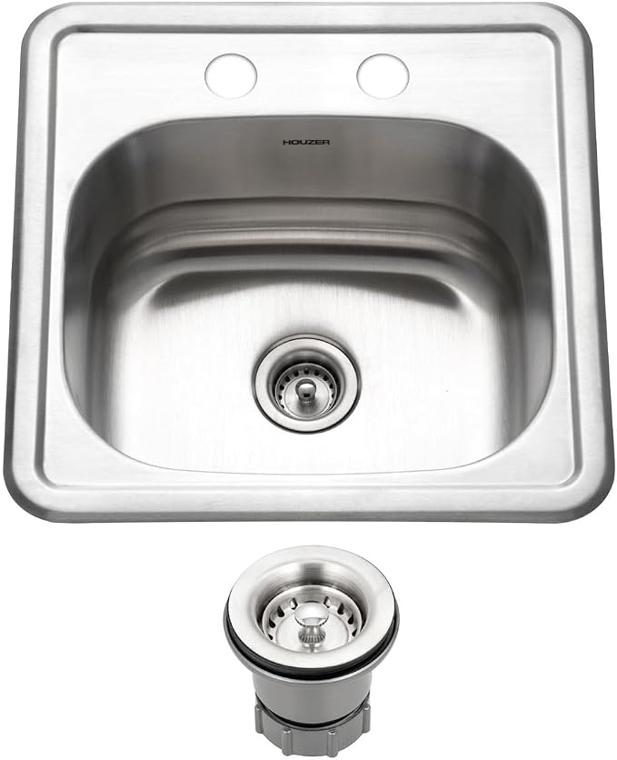 Houzer Hospitality Stainless Steel Bar & Prep Sink: 15 Inch Drop-In Topmount 2-Hole Sink for Bar & Kitchen, Durable & Versatile, Essential for Home & Apartment: 1515-6BS-C