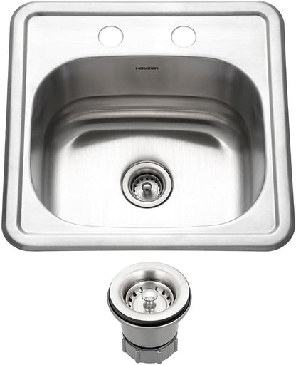 Houzer Hospitality Stainless Steel Bar & Prep Sink: 15 Inch Drop-In Topmount 2-Hole Sink for Bar & Kitchen, Durable & Versatile, Essential for Home & Apartment: 1515-6BS-C