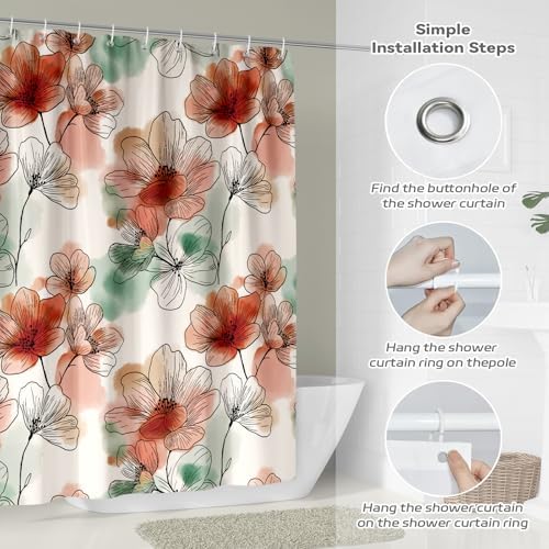 Boho Pink and Red Floral Shower Curtain for Bathroom 72 x 72 Inch